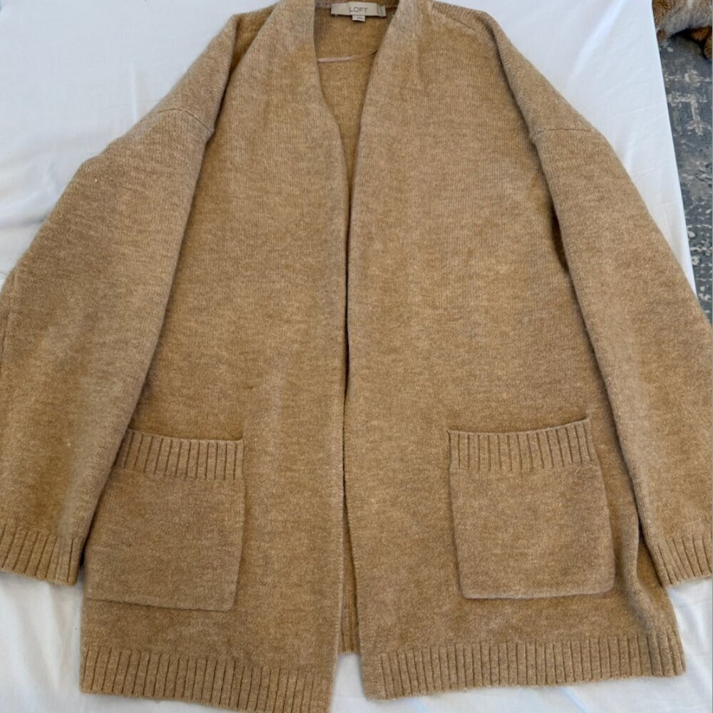 LOFT Camel Open Front Cardigan Large Long Cozy Sweater - Picture 2 of 6